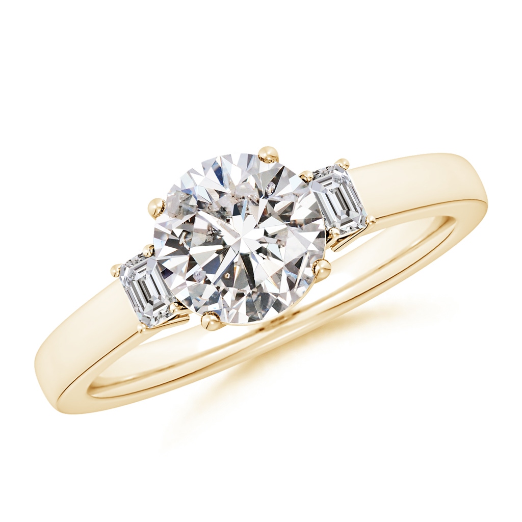 7.4mm IJI1I2 Round and Emerald-Cut Diamond Three Stone Engagement Ring in Yellow Gold