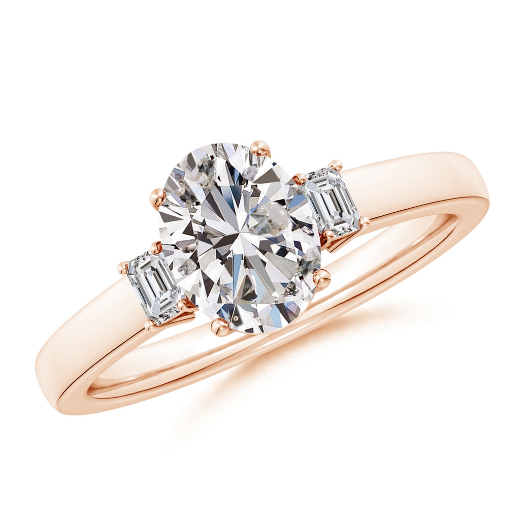 8.5x6.5mm IJI1I2 Oval and Emerald-Cut Diamond Three Stone Engagement Ring in Rose Gold