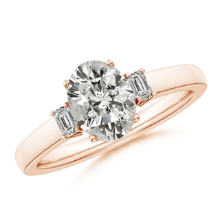 8.5x6.5mm KI3 Oval and Emerald-Cut Diamond Three Stone Engagement Ring in Rose Gold