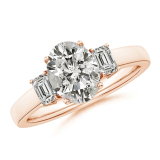 9x7mm KI3 Oval and Emerald-Cut Diamond Three Stone Engagement Ring in Rose Gold