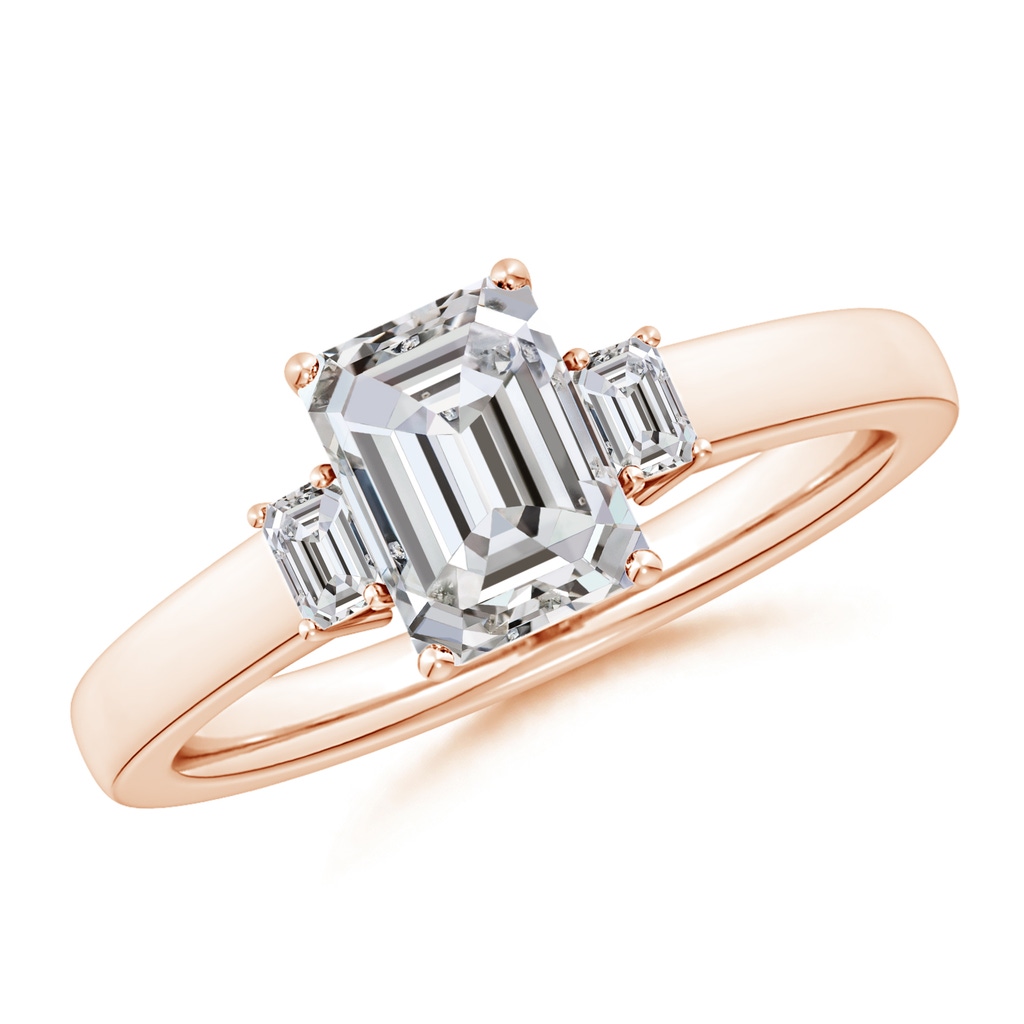 7.5x5.5mm IJI1I2 Emerald-Cut Diamond Three Stone Engagement Ring in Rose Gold