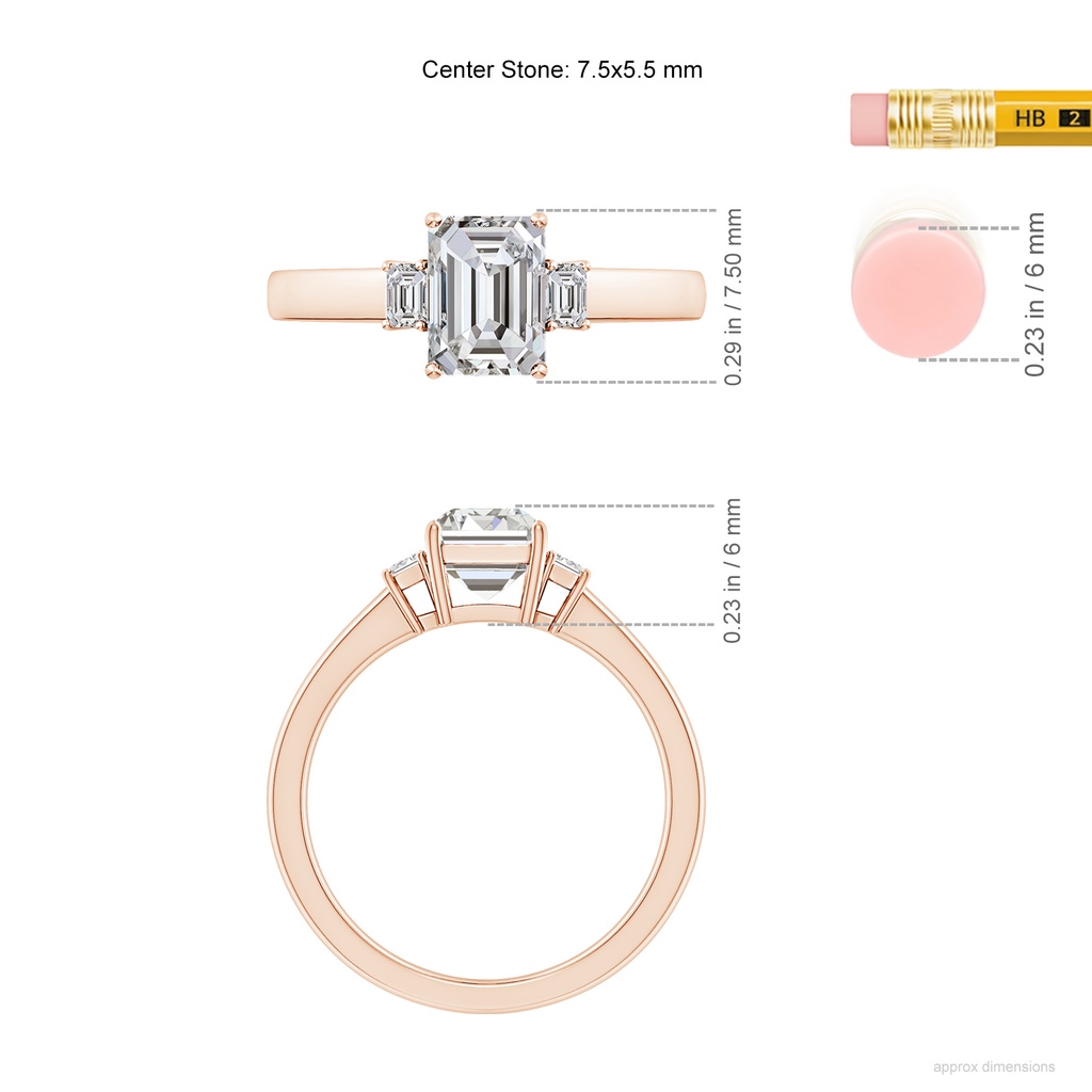7.5x5.5mm IJI1I2 Emerald-Cut Diamond Three Stone Engagement Ring in Rose Gold ruler