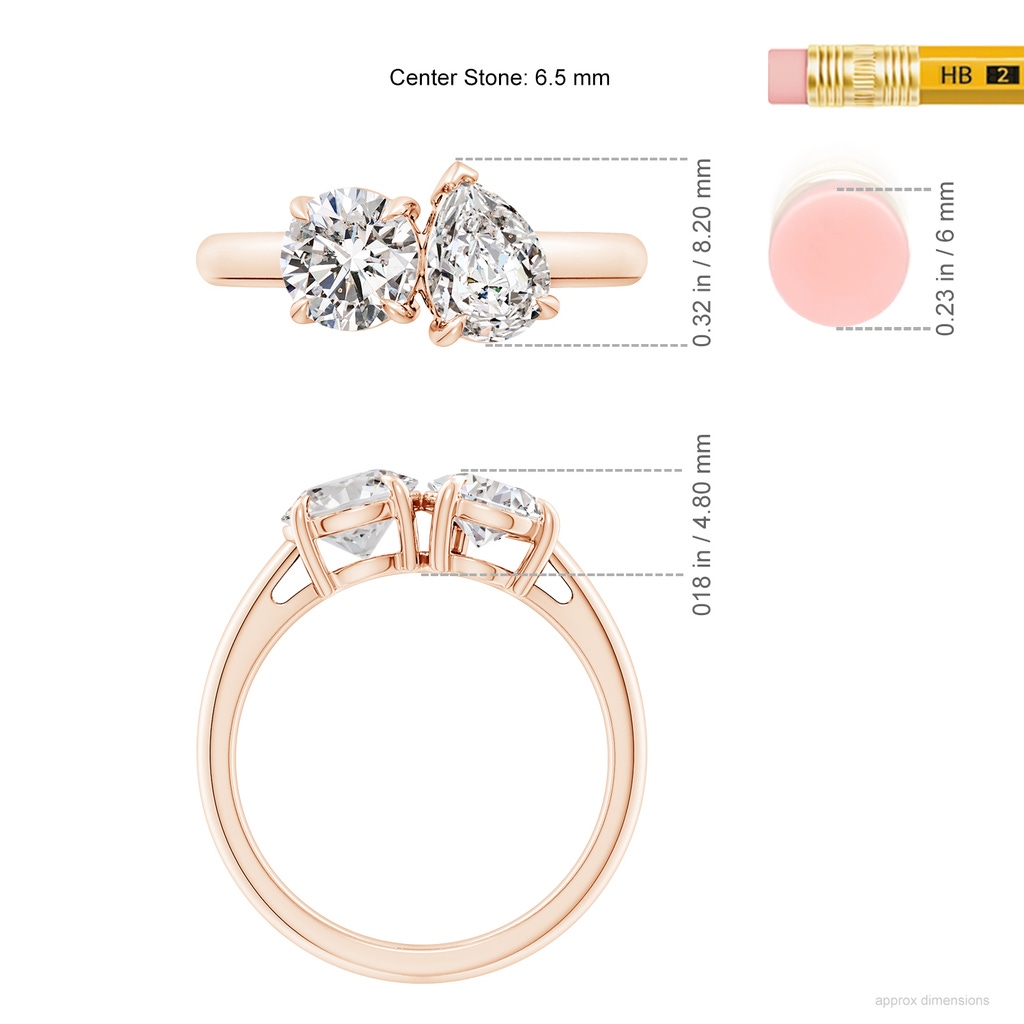 6.5mm IJI1I2 Round & Pear Diamond Two-Stone Engagement Ring in Rose Gold ruler