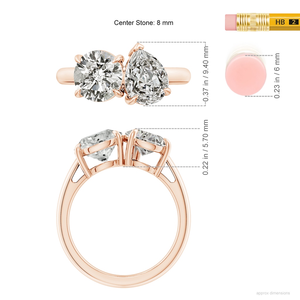 8mm KI3 Round & Pear Diamond Two-Stone Engagement Ring in Rose Gold ruler