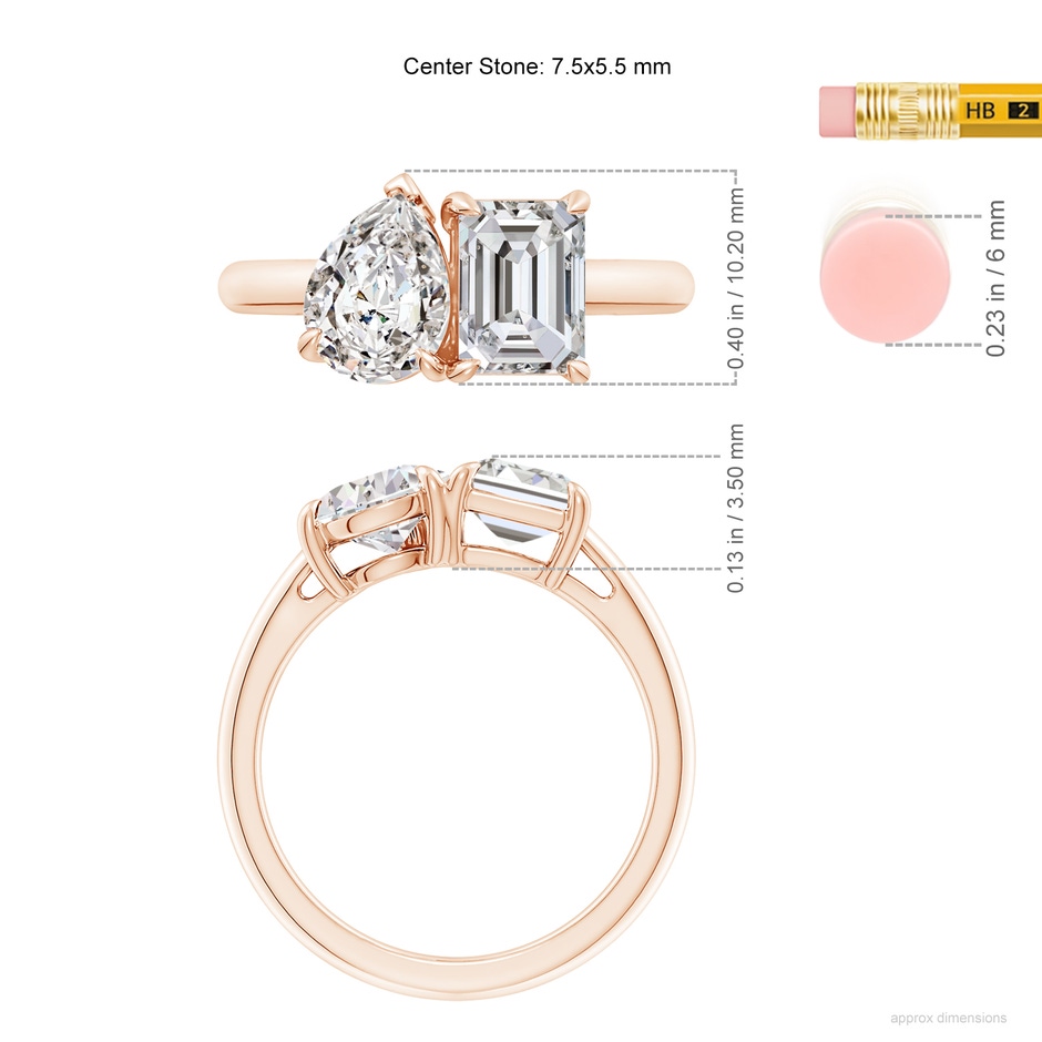 7.5x5.5mm IJI1I2 Emerald-Cut & Pear Diamond Two-Stone Engagement Ring in 18K Rose Gold ruler