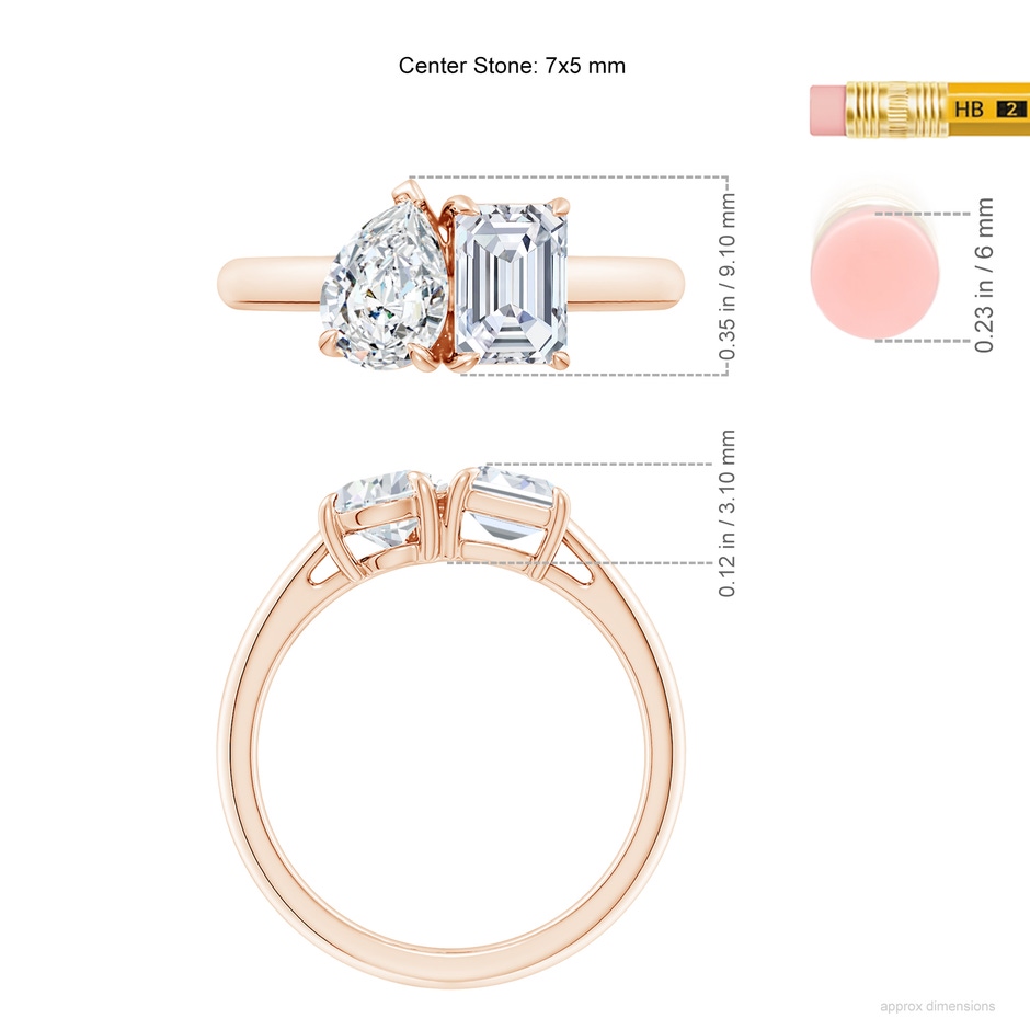 7x5mm GVS2 Emerald-Cut & Pear Diamond Two-Stone Engagement Ring in Rose Gold ruler