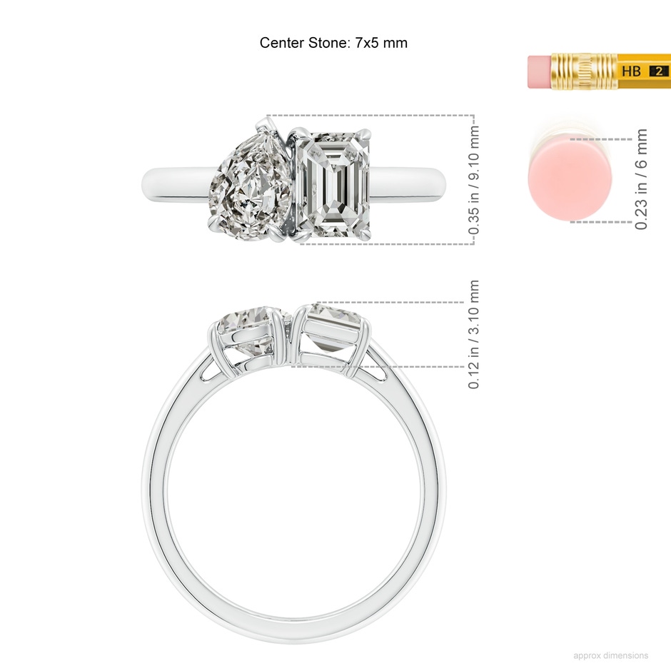 7x5mm KI3 Emerald-Cut & Pear Diamond Two-Stone Engagement Ring in S999 Silver ruler