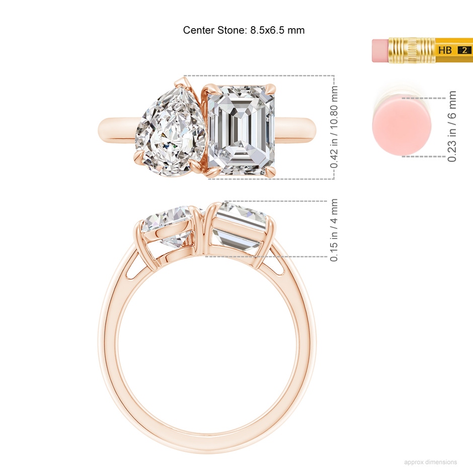 8.5x6.5mm IJI1I2 Emerald-Cut & Pear Diamond Two-Stone Engagement Ring in 18K Rose Gold ruler