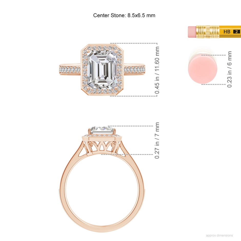 8.5x6.5mm IJI1I2 Emerald-Cut Diamond Halo Cocktail Ring in 18K Rose Gold ruler