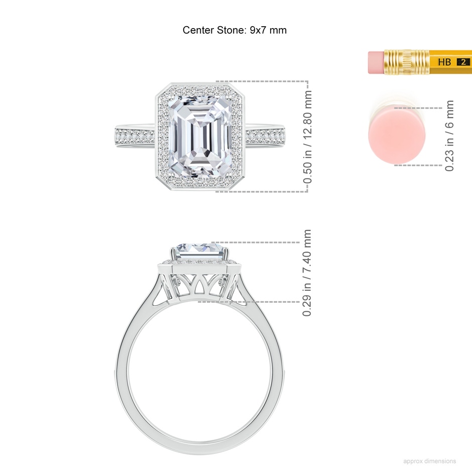 9x7mm HSI2 Emerald-Cut Diamond Halo Cocktail Ring in White Gold ruler