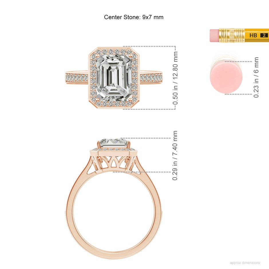 9x7mm KI3 Emerald-Cut Diamond Halo Cocktail Ring in 18K Rose Gold ruler