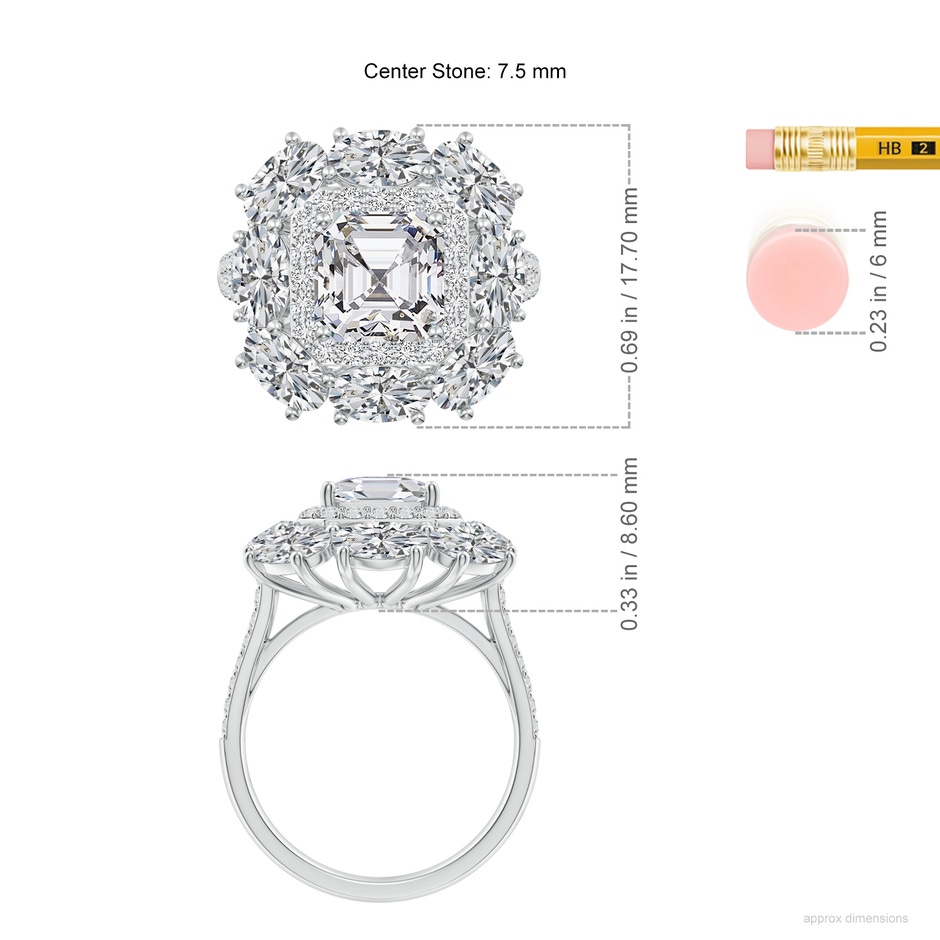 7.5mm HSI2 Asscher-Cut Diamond Split Shank Halo Cocktail Ring in White Gold ruler