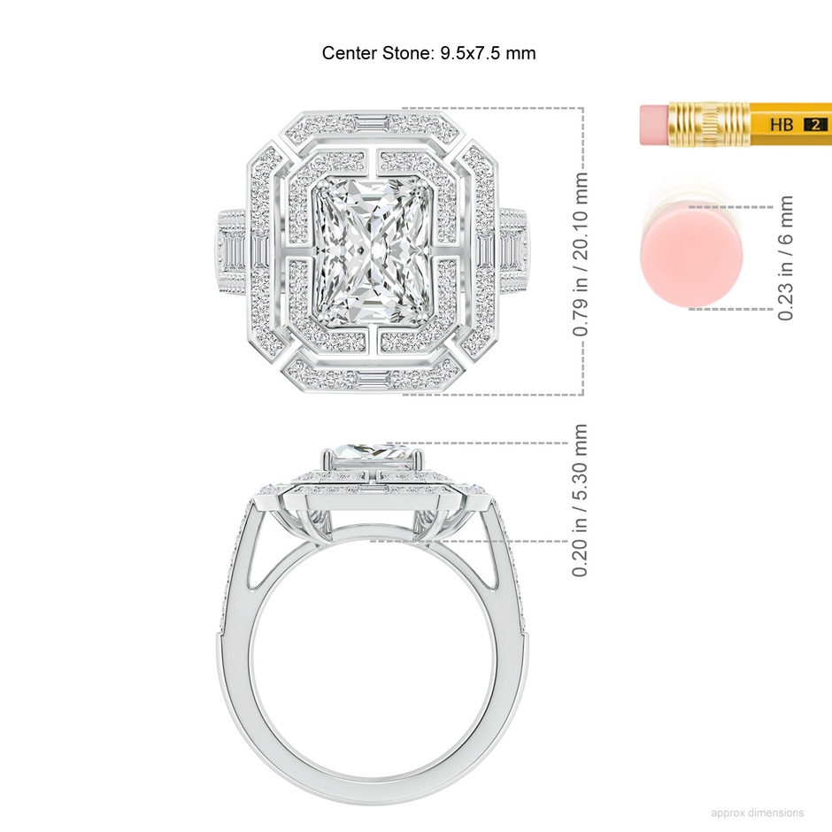 9.5x7.5mm HSI2 Radiant-Cut Diamond Double Halo Cocktail Ring in White Gold ruler