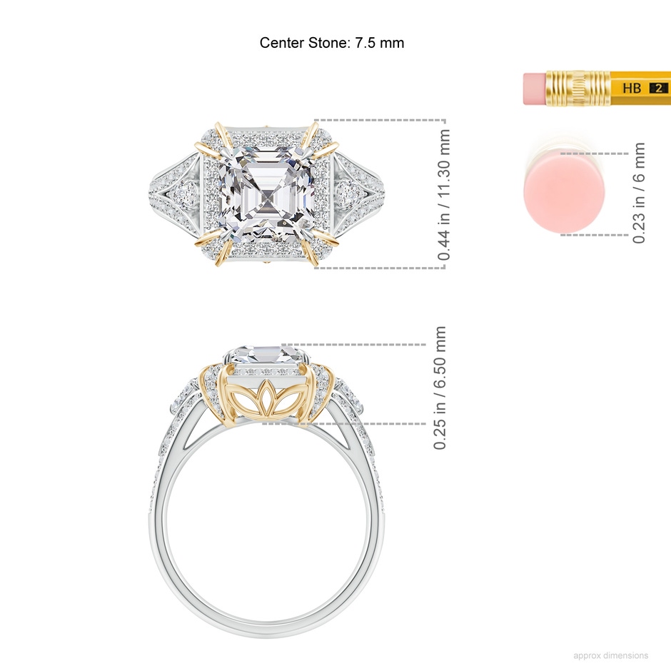 7.5mm HSI2 Asscher-Cut Diamond Split Shank Halo Cocktail Ring in White Gold Yellow Gold ruler