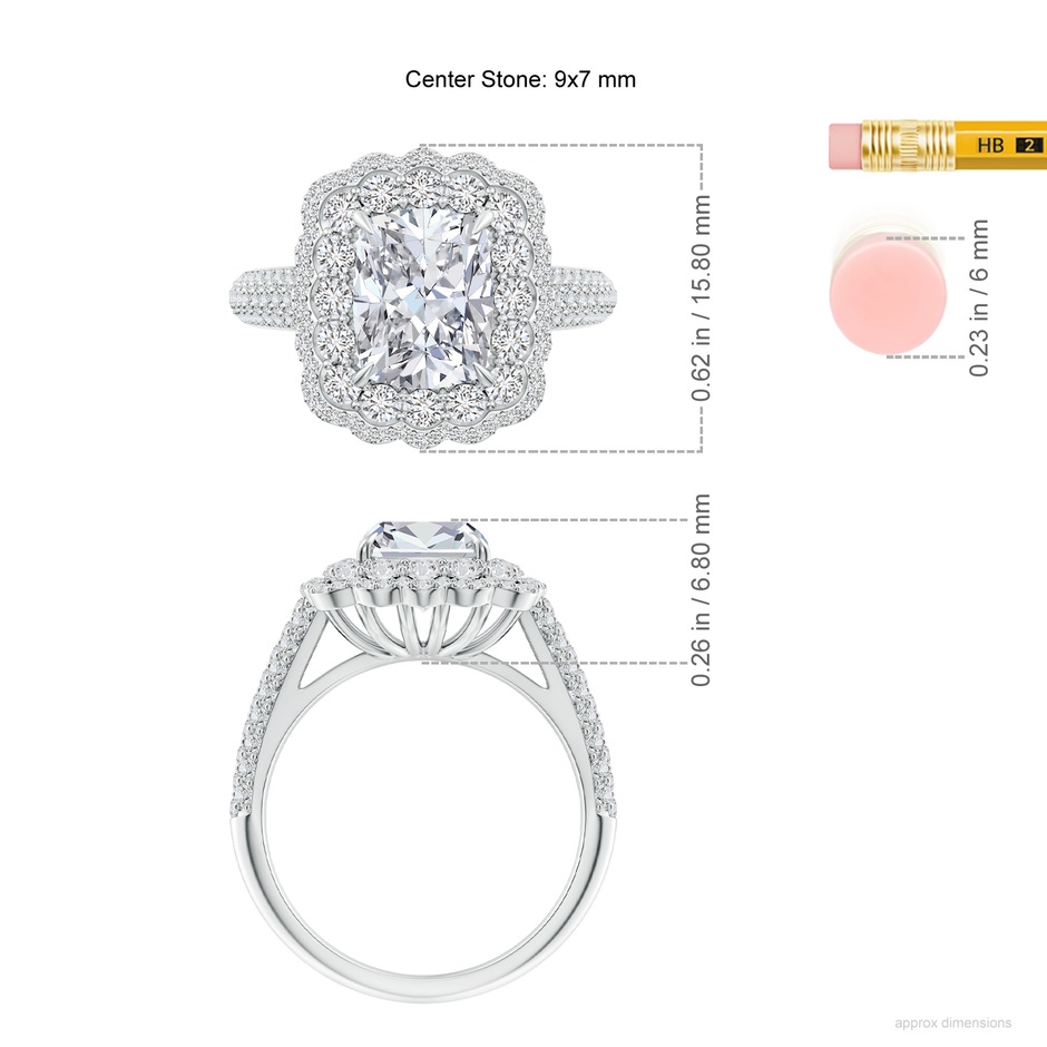 9x7mm HSI2 Cushion Rectangular Diamond Floral Double Halo Cocktail Ring in White Gold ruler