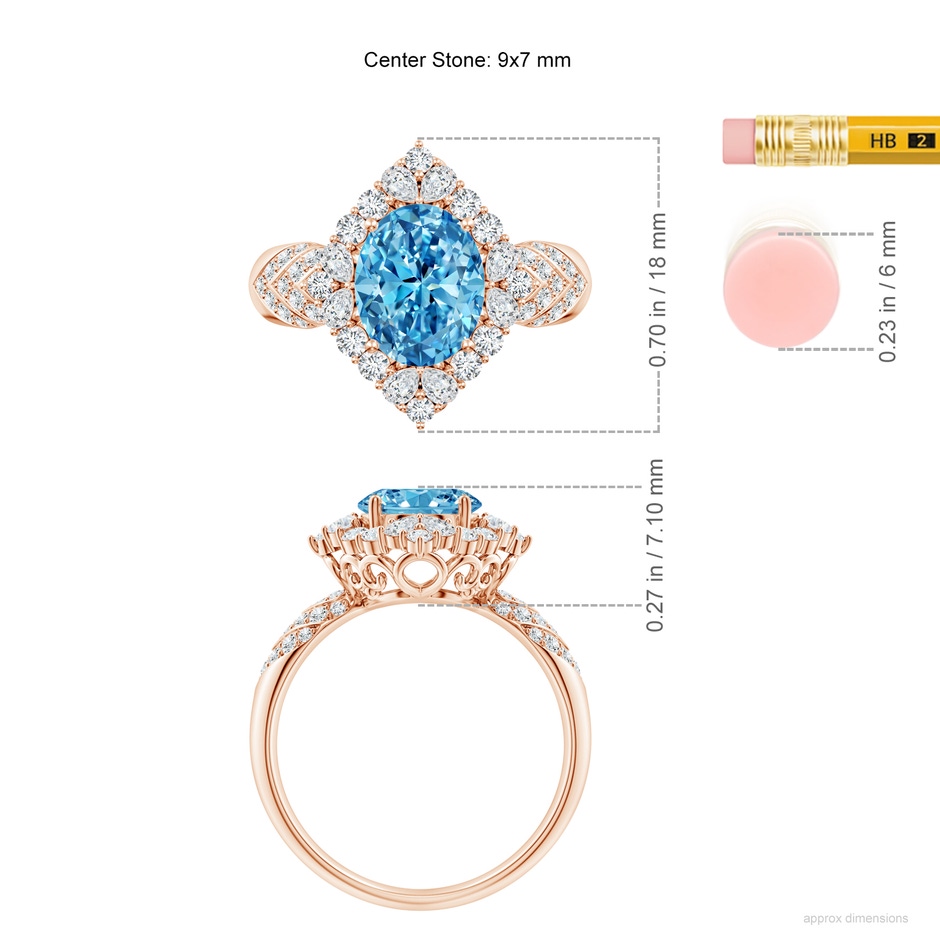 9x7mm AAAA Oval Diamond Geometrical Halo Cocktail Ring in Rose Gold ruler