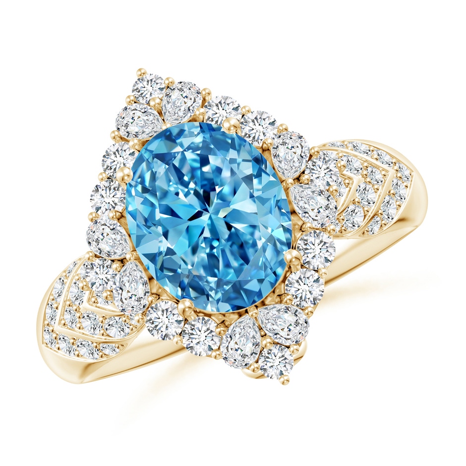 9x7mm AAAA Oval Diamond Geometrical Halo Cocktail Ring in Yellow Gold 