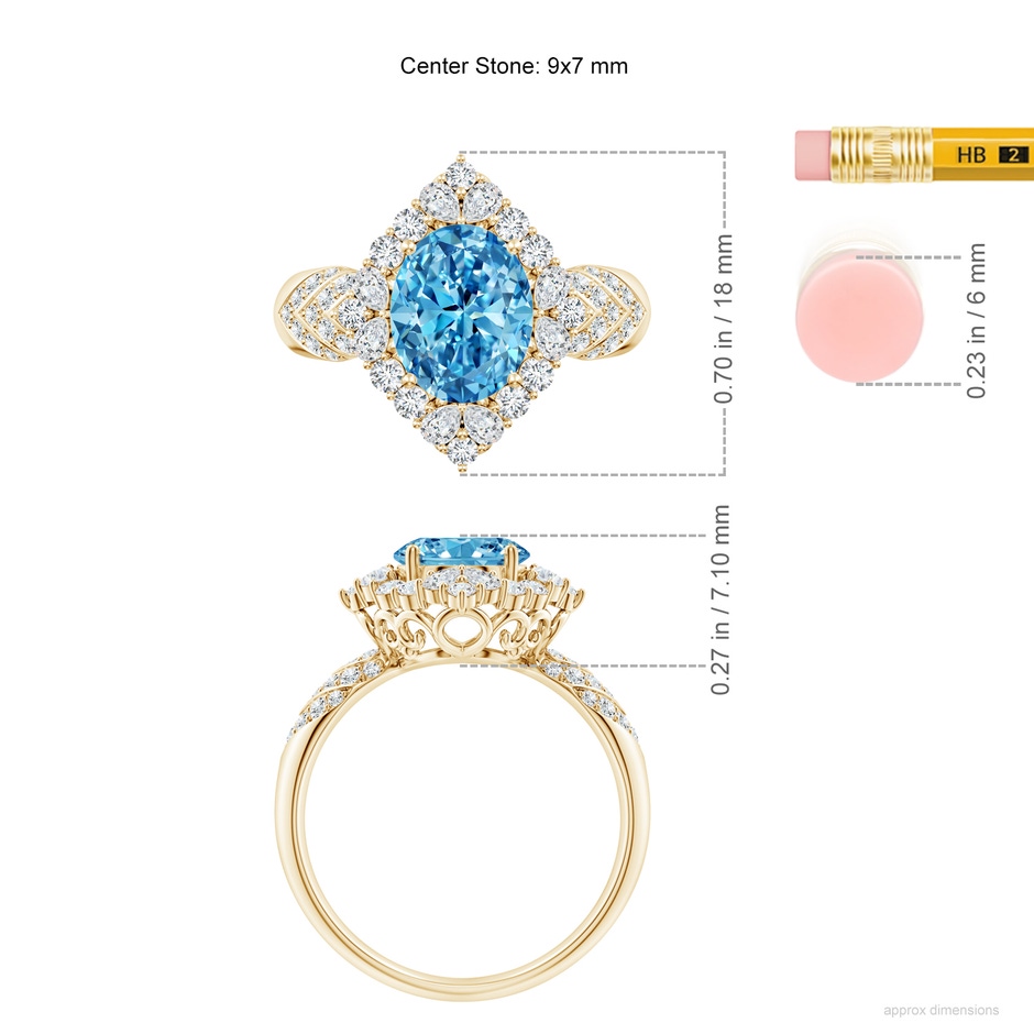 9x7mm AAAA Oval Diamond Geometrical Halo Cocktail Ring in Yellow Gold ruler