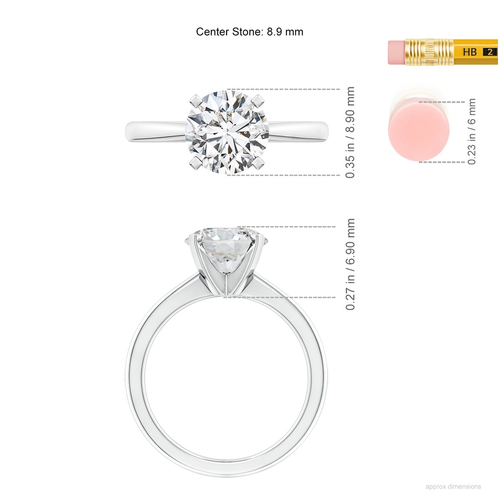 8.9mm HSI2 Round Diamond Reverse Tapered Shank Solitaire Engagement Ring in White Gold ruler