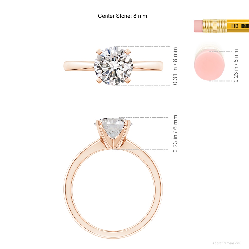 8mm IJI1I2 Round Diamond Reverse Tapered Shank Solitaire Engagement Ring in Rose Gold ruler