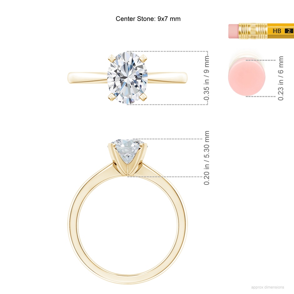 9x7mm GVS2 Oval Diamond Reverse Tapered Shank Solitaire Engagement Ring in Yellow Gold ruler
