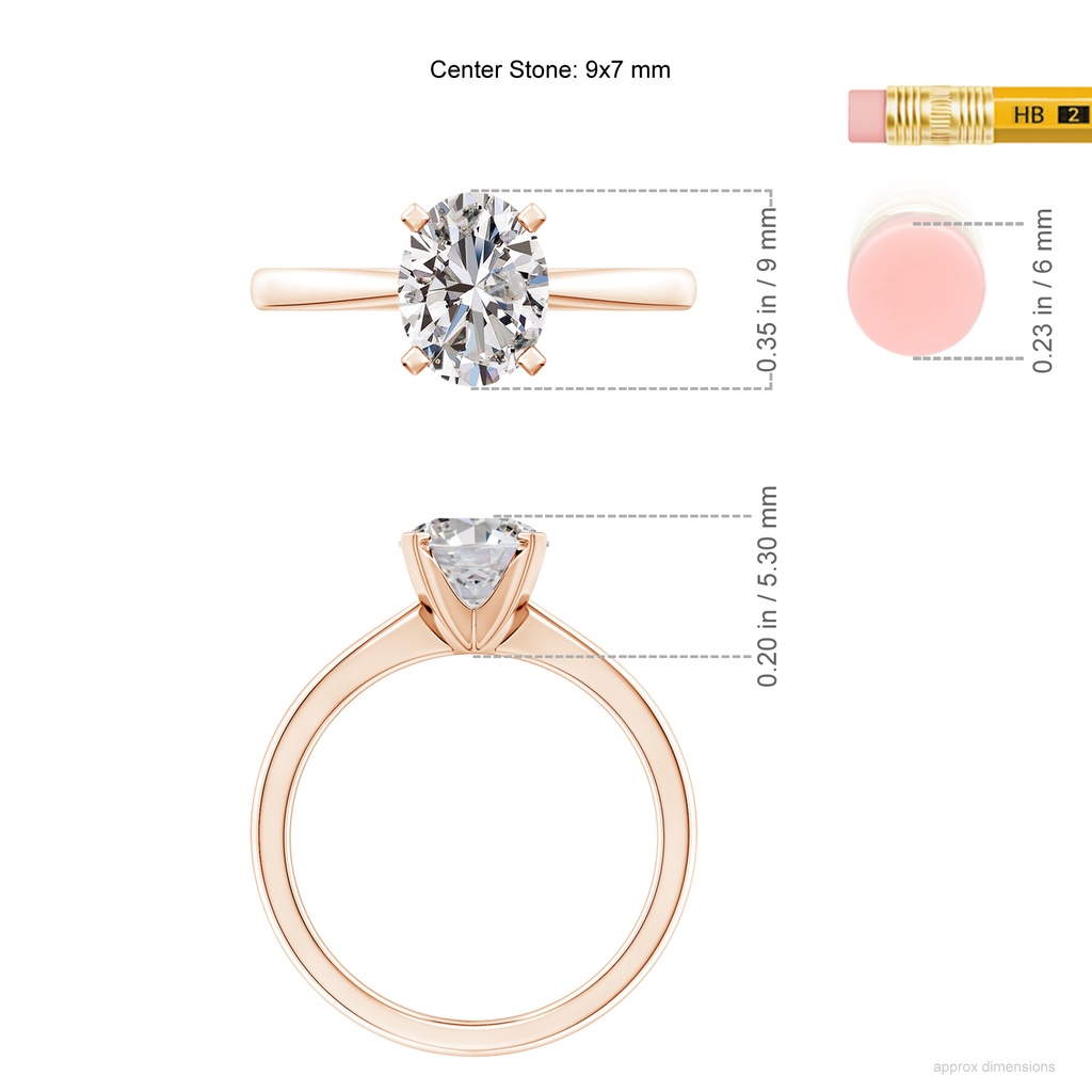9x7mm IJI1I2 Oval Diamond Reverse Tapered Shank Solitaire Engagement Ring in Rose Gold ruler