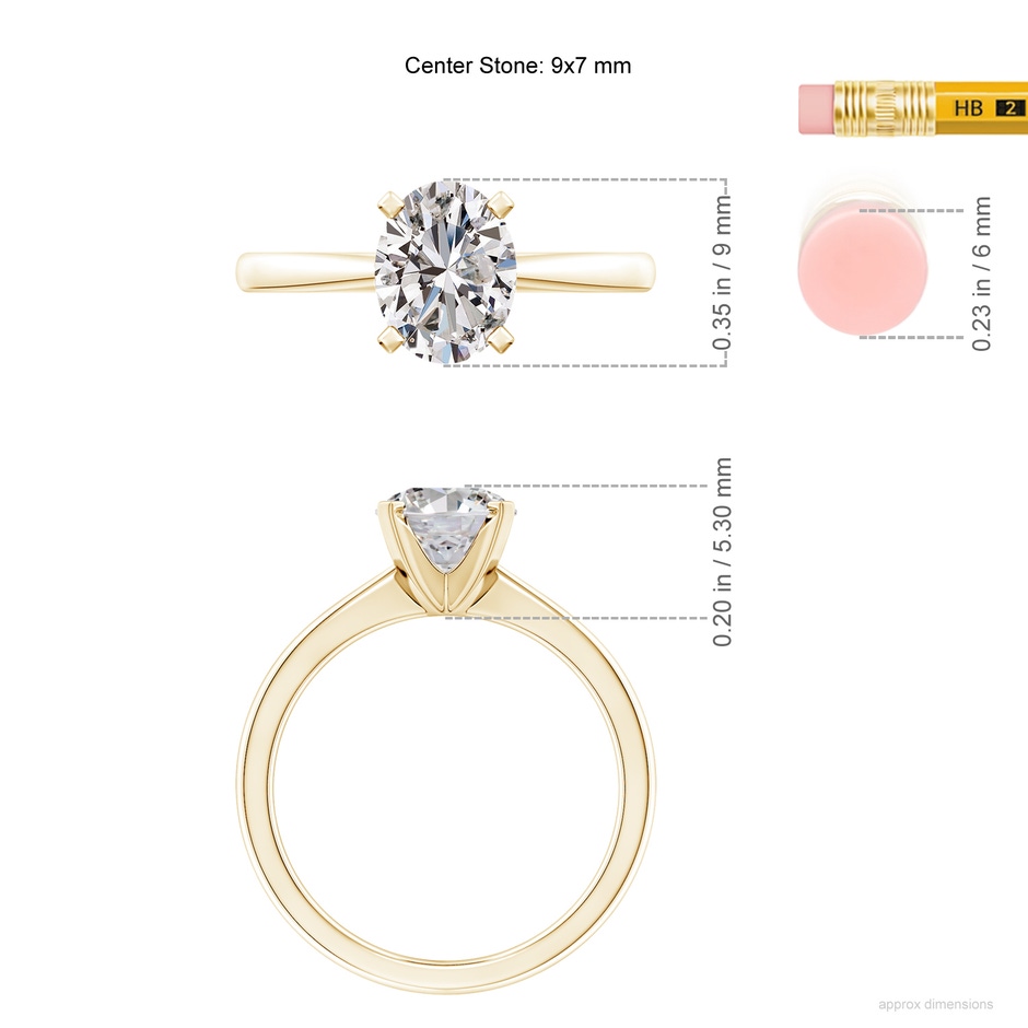 9x7mm IJI1I2 Oval Diamond Reverse Tapered Shank Solitaire Engagement Ring in Yellow Gold ruler