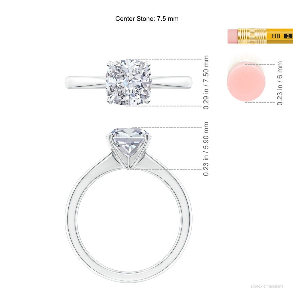 7.5mm HSI2 Cushion Diamond Reverse Tapered Shank Solitaire Engagement Ring in White Gold ruler