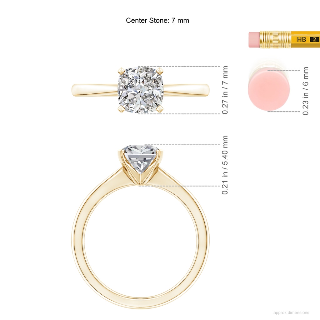 7mm IJI1I2 Cushion Diamond Reverse Tapered Shank Solitaire Engagement Ring in Yellow Gold ruler