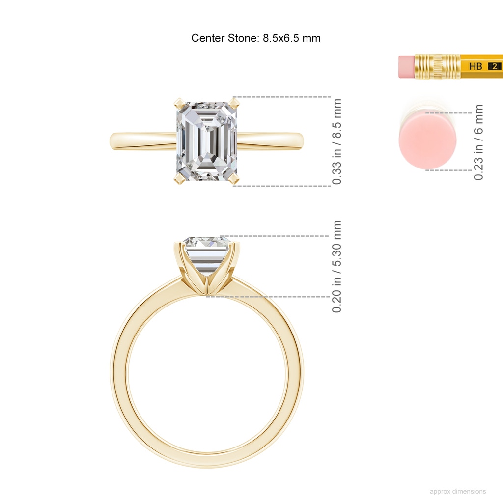 8.5x6.5mm IJI1I2 Emerald-Cut Diamond Reverse Tapered Shank Solitaire Engagement Ring in Yellow Gold ruler