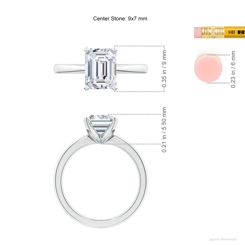 9x7mm HSI2 Emerald-Cut Diamond Reverse Tapered Shank Solitaire Engagement Ring in White Gold ruler