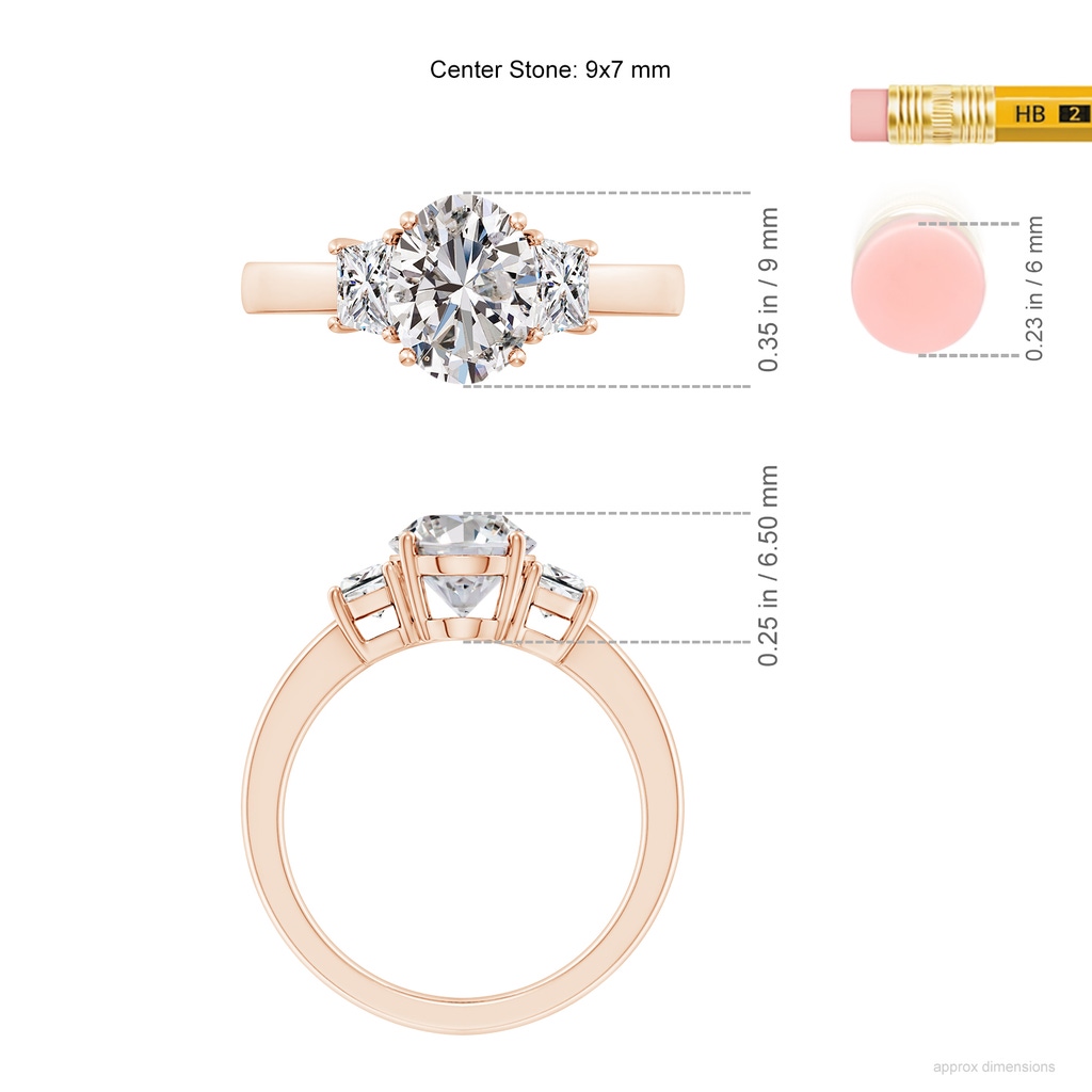9x7mm IJI1I2 Oval and Trapezoid Diamond Three Stone Engagement Ring in Rose Gold ruler