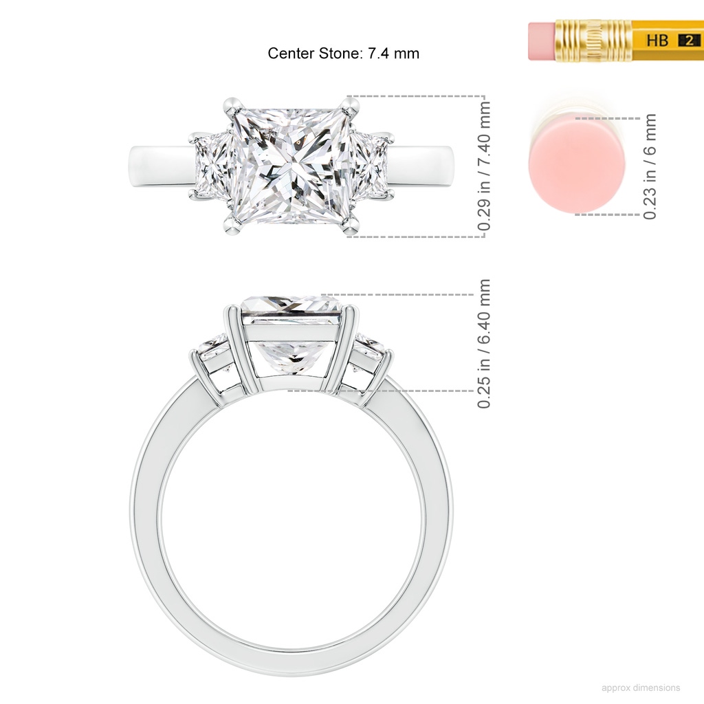 7.4mm HSI2 Princess-Cut and Trapezoid Diamond Three Stone Engagement Ring in White Gold ruler