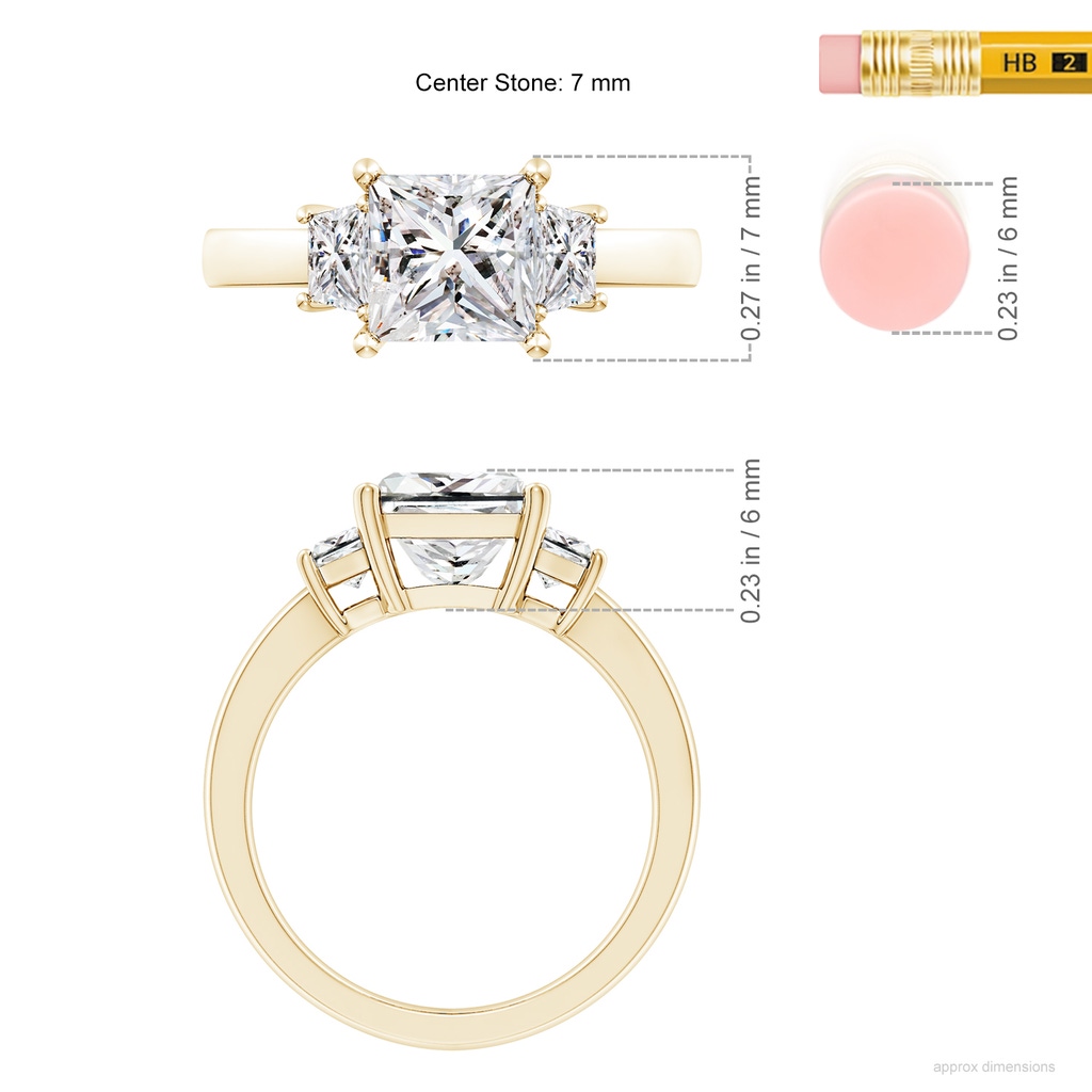 7mm IJI1I2 Princess-Cut and Trapezoid Diamond Three Stone Engagement Ring in Yellow Gold ruler