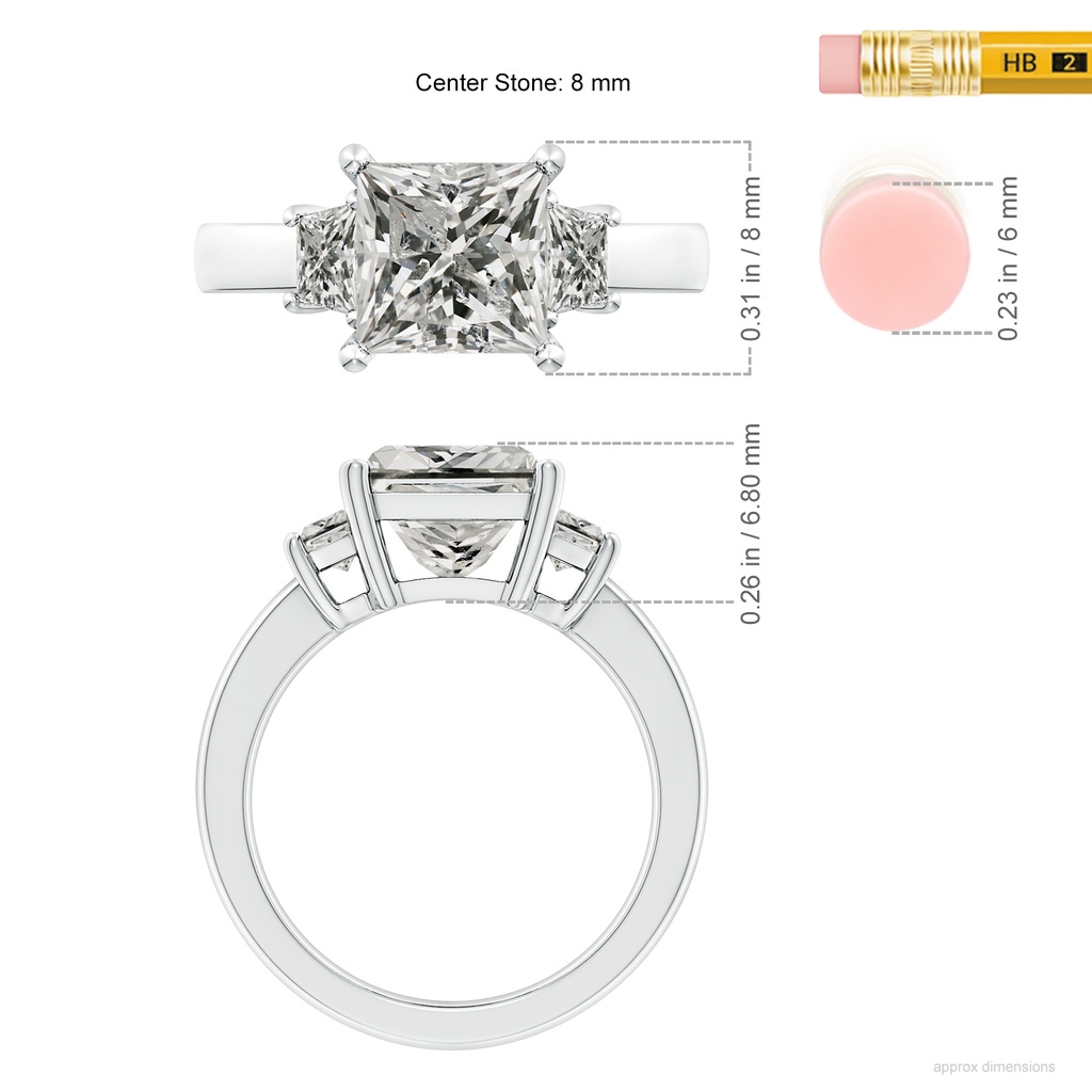 8mm KI3 Princess-Cut and Trapezoid Diamond Three Stone Engagement Ring in P950 Platinum ruler