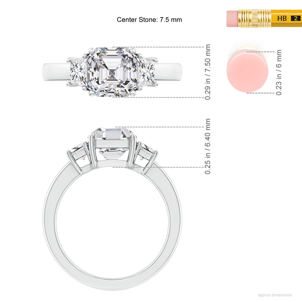 7.5mm HSI2 Asscher-Cut and Trapezoid Diamond Three Stone Engagement Ring in White Gold ruler