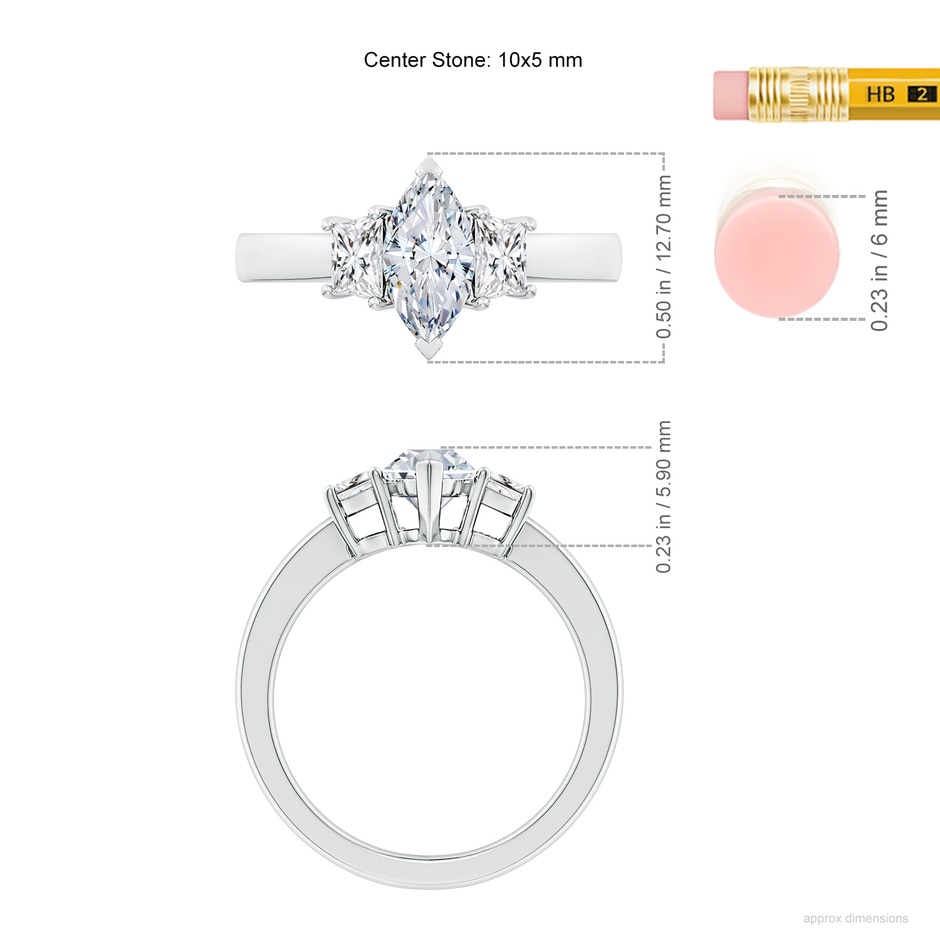 10x5mm HSI2 Marquise and Trapezoid Diamond Three Stone Engagement Ring in White Gold ruler