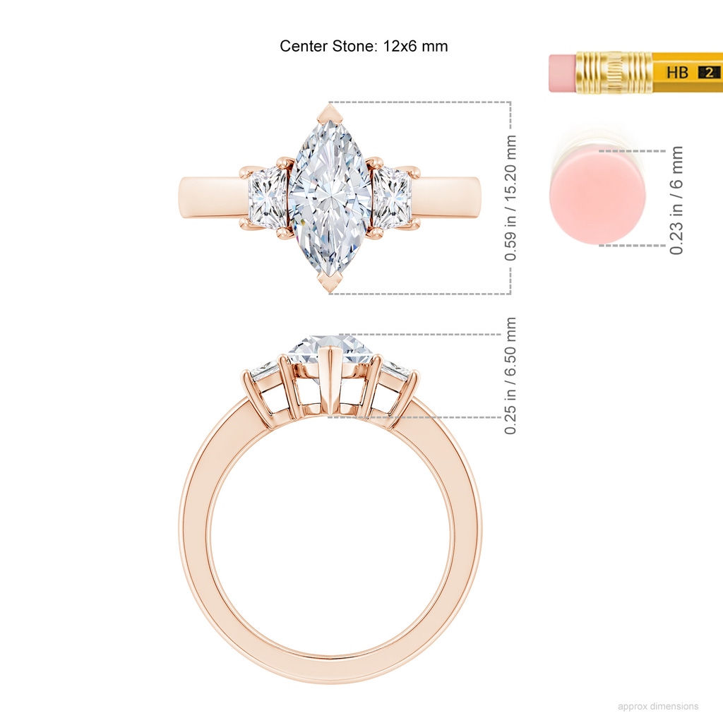 12x6mm GVS2 Marquise and Trapezoid Diamond Three Stone Engagement Ring in Rose Gold ruler
