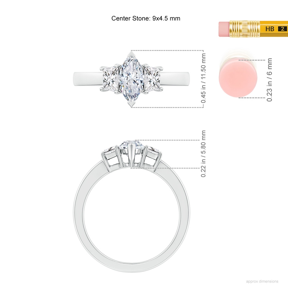 9x4.5mm HSI2 Marquise and Trapezoid Diamond Three Stone Engagement Ring in White Gold ruler