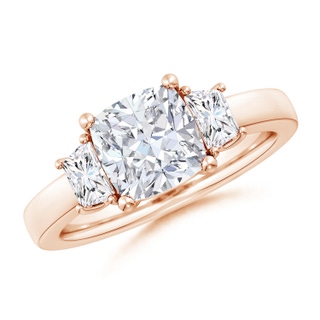 7.5mm GVS2 Cushion and Trapezoid Diamond Three Stone Engagement Ring in Rose Gold