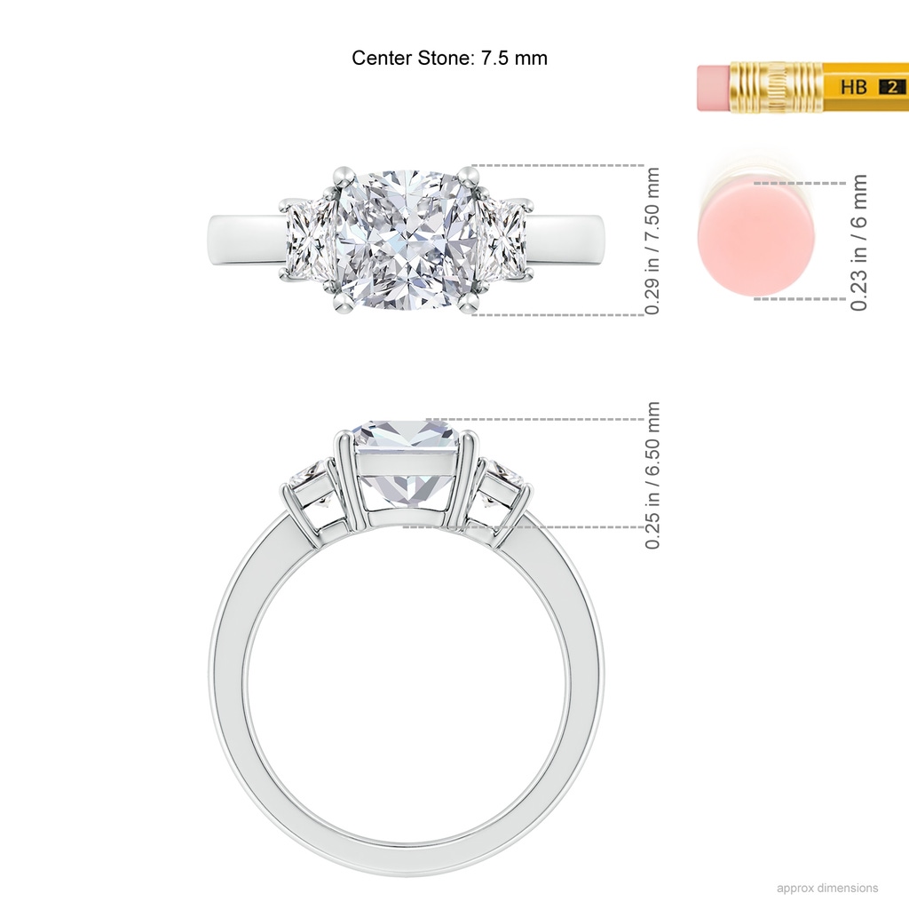 7.5mm HSI2 Cushion and Trapezoid Diamond Three Stone Engagement Ring in White Gold ruler