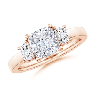 7mm GVS2 Cushion and Trapezoid Diamond Three Stone Engagement Ring in Rose Gold
