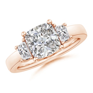 8mm IJI1I2 Cushion and Trapezoid Diamond Three Stone Engagement Ring in Rose Gold