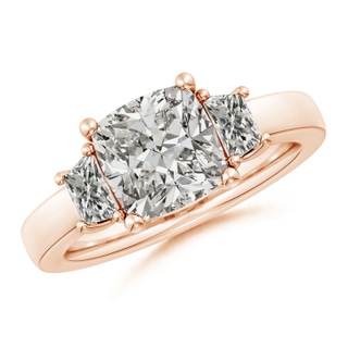 8mm KI3 Cushion and Trapezoid Diamond Three Stone Engagement Ring in Rose Gold