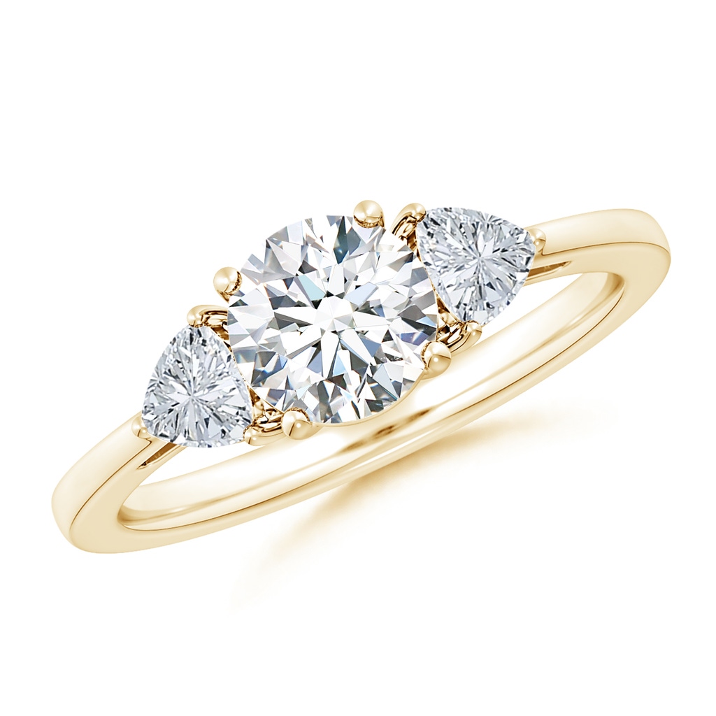 6.5mm GVS2 Round and Trillion Diamond Three Stone Reverse Tapered Shank Engagement Ring in Yellow Gold 