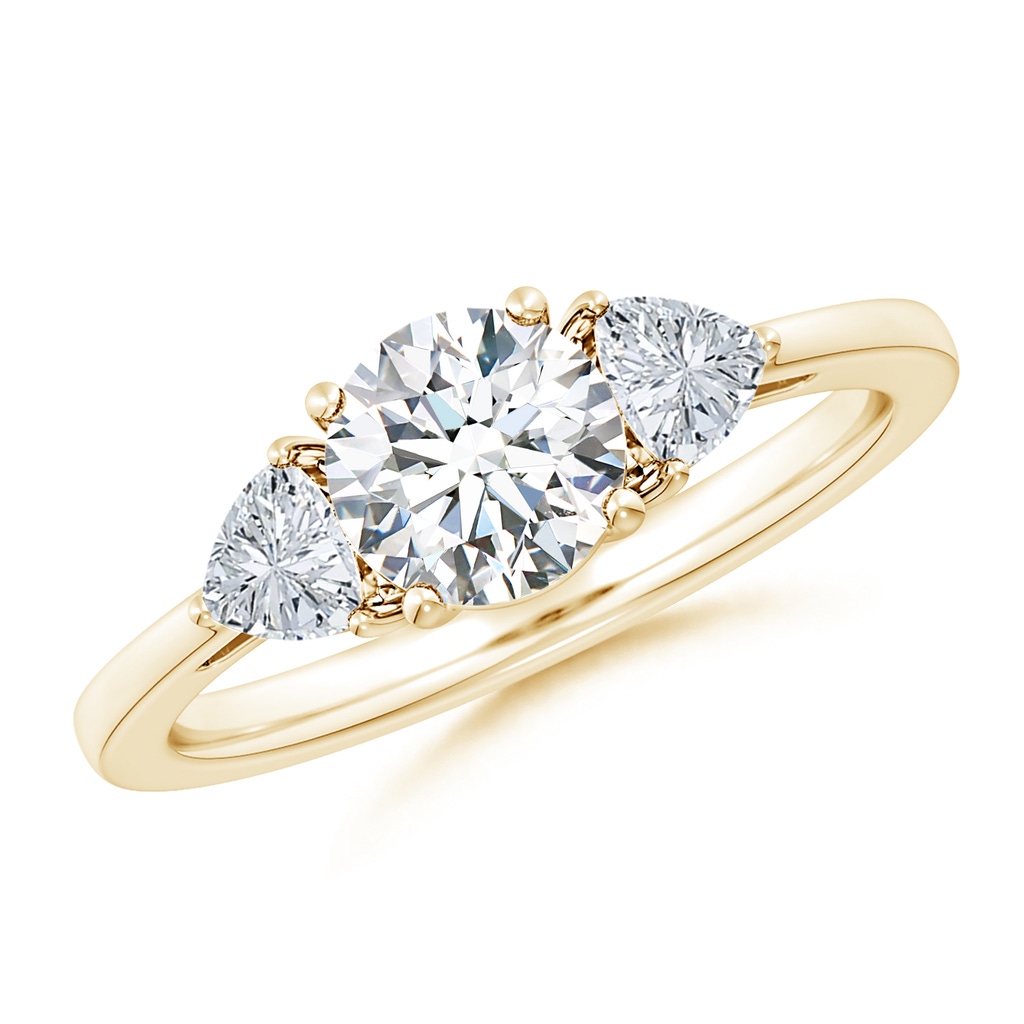 6.5mm GVS2 Round and Trillion Diamond Three Stone Reverse Tapered Shank Engagement Ring in Yellow Gold