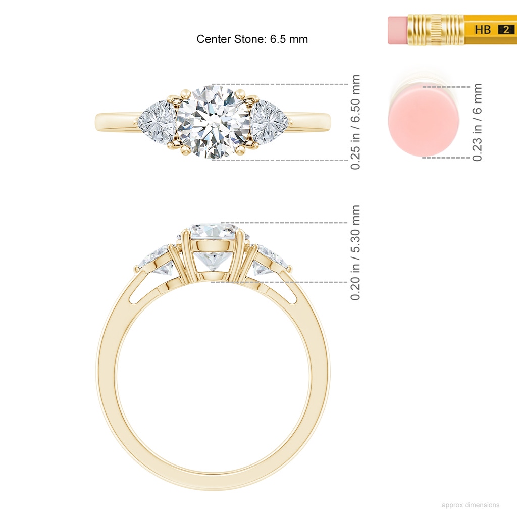 6.5mm GVS2 Round and Trillion Diamond Three Stone Reverse Tapered Shank Engagement Ring in Yellow Gold ruler