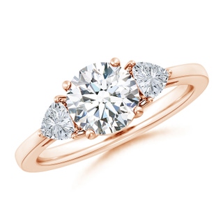 7.4mm GVS2 Round and Trillion Diamond Three Stone Reverse Tapered Shank Engagement Ring in Rose Gold