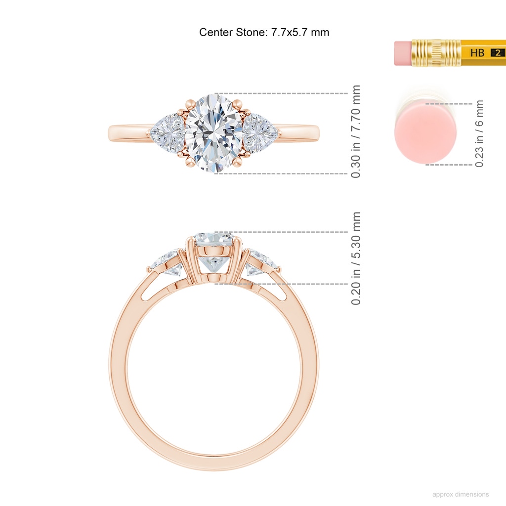7.7x5.7mm GVS2 Oval and Trillion Diamond Three Stone Reverse Tapered Shank Engagement Ring in 10K Rose Gold ruler