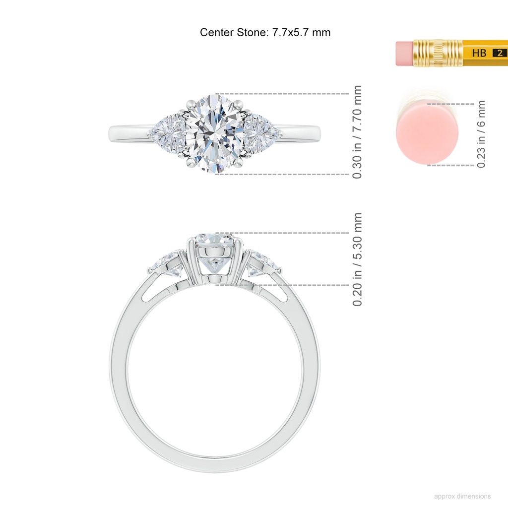 7.7x5.7mm GVS2 Oval and Trillion Diamond Three Stone Reverse Tapered Shank Engagement Ring in 9K White Gold ruler
